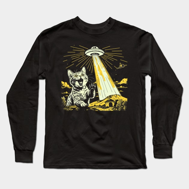 Shocked Cat and UFO Invasion Long Sleeve T-Shirt by OscarVanHendrix